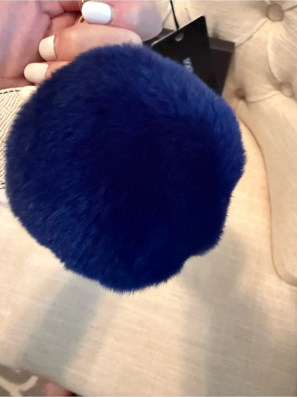 Dolce & Gabbana Navy Blue Fur Pom Pom Keyring with Gold Hardware